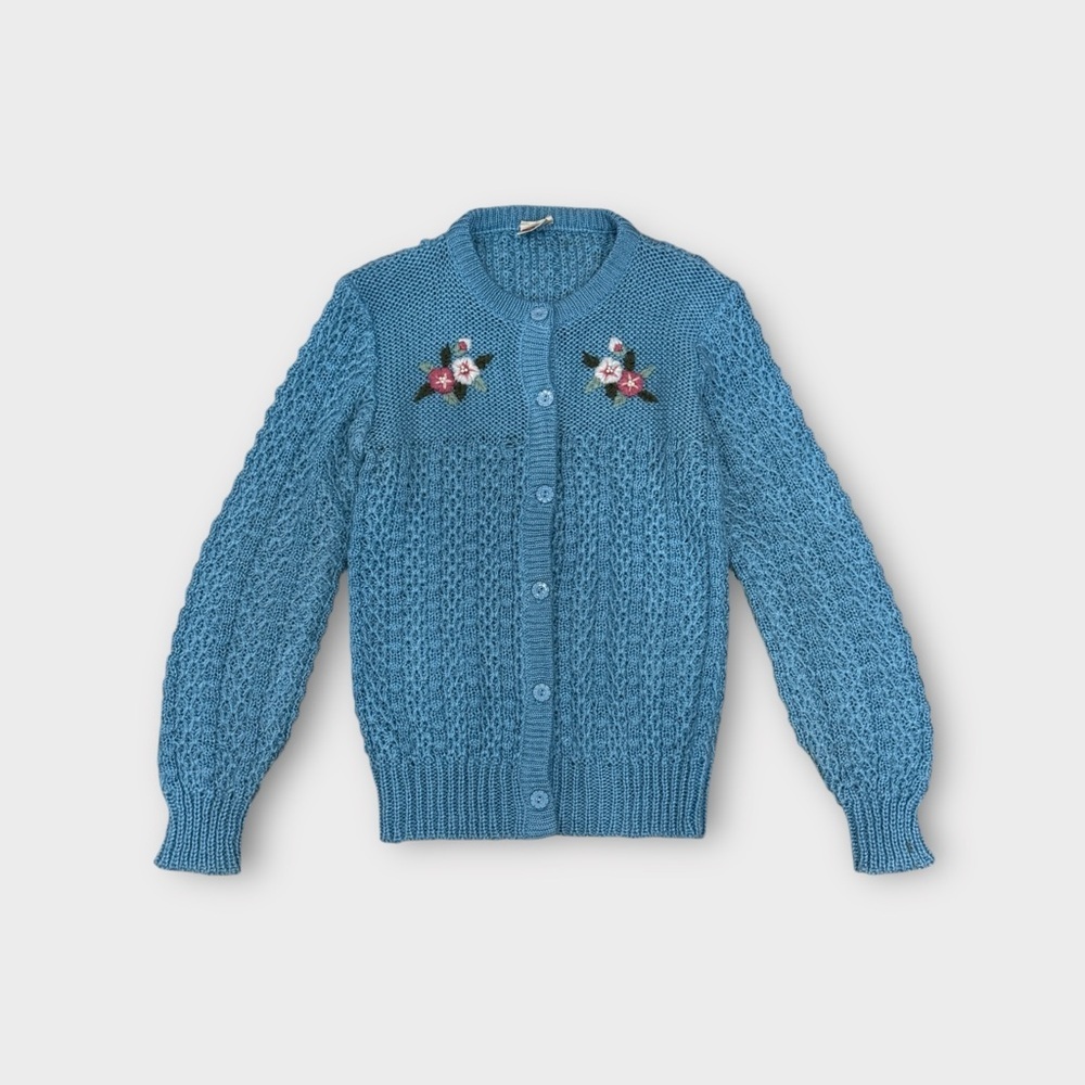 70s Vintage SS Fashion Blue Cable Knit Cardigan with Floral Accents M